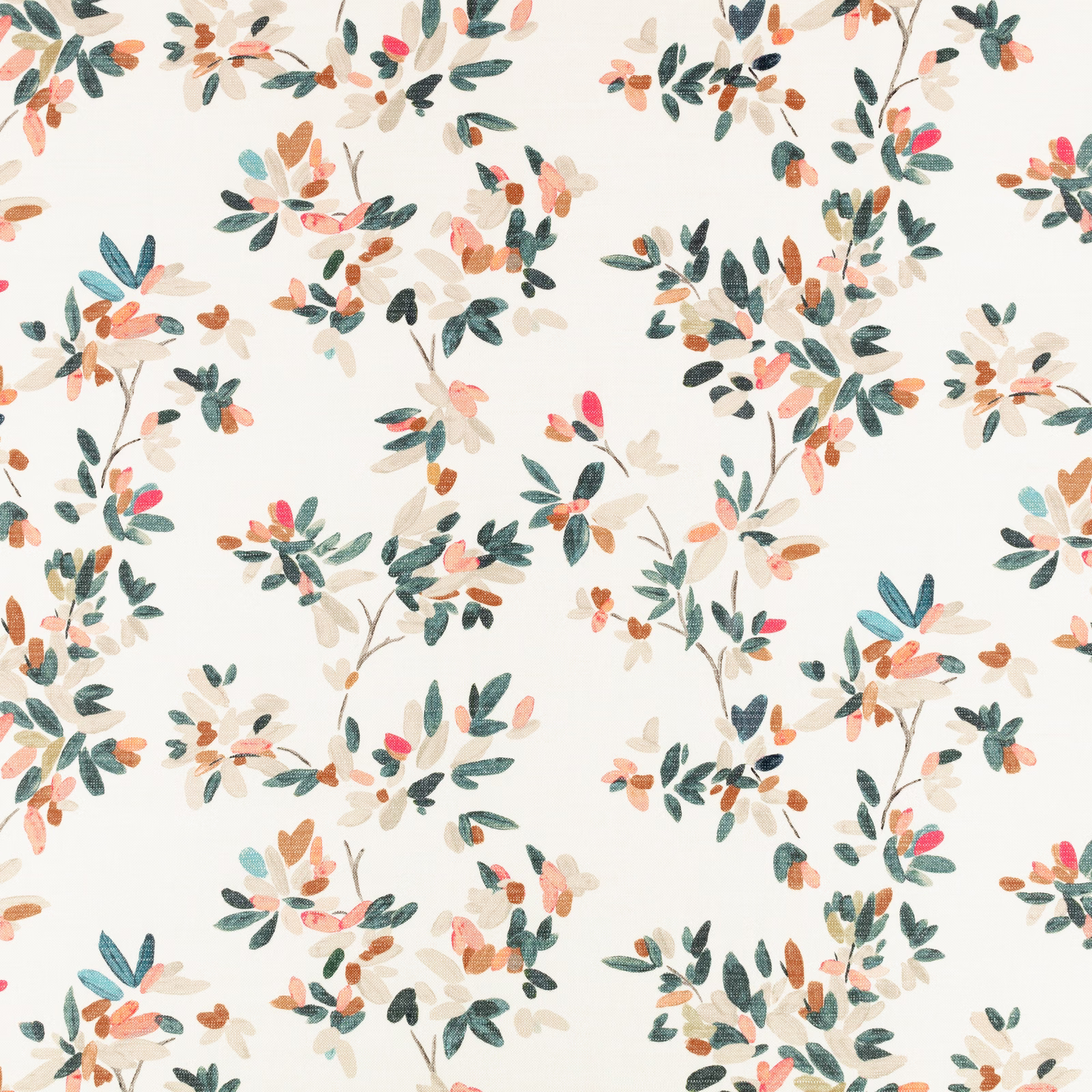 Cream fabric with painterly teal, coral and peach botanical clusters