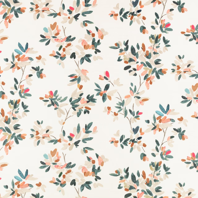 Cream fabric with painterly teal, coral and peach botanical clusters