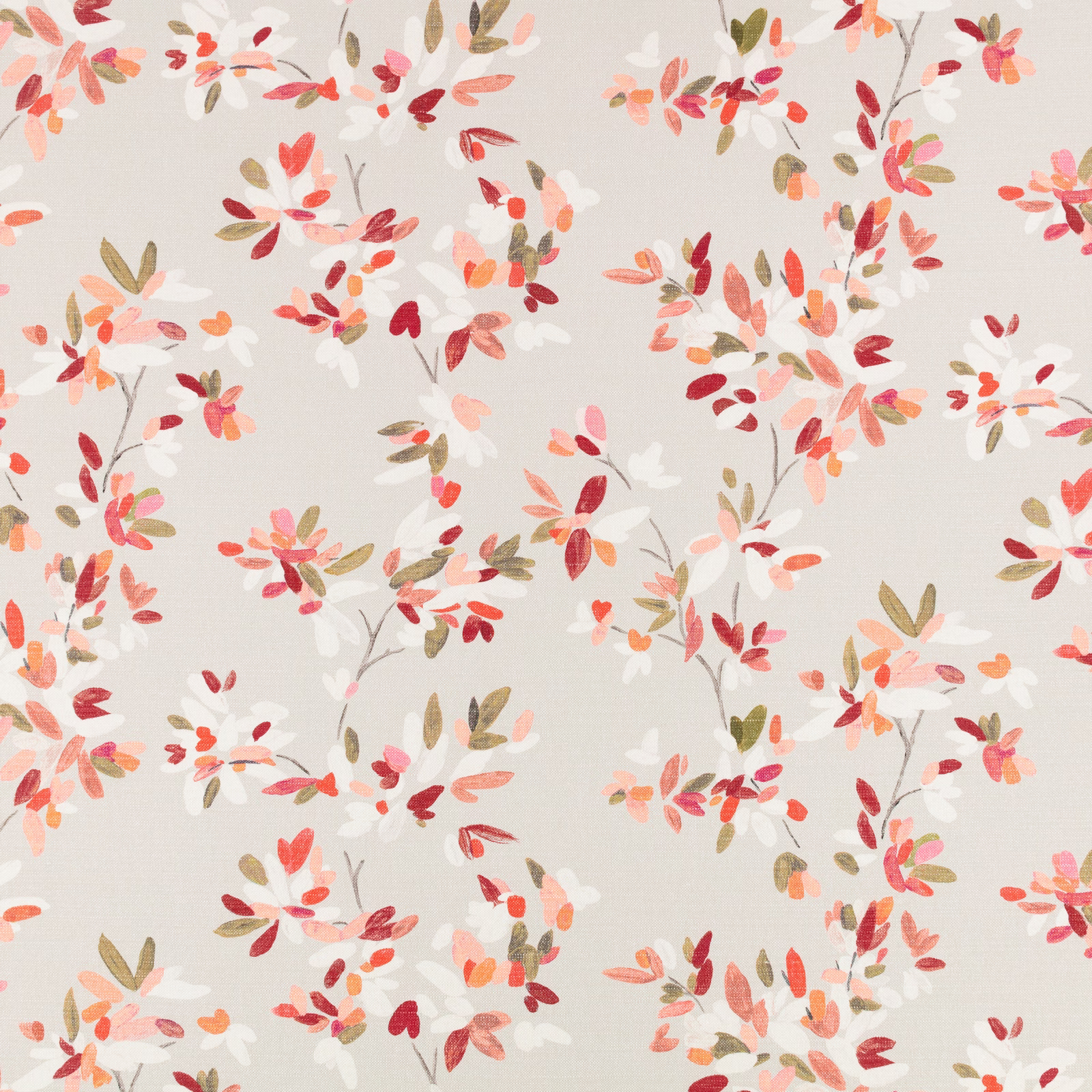 Coral and red scattered blossoms with olive leaves on a pale grey ground