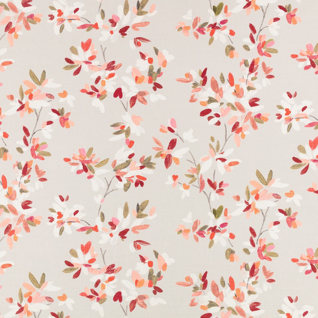 Coral and red scattered blossoms with olive leaves on a pale grey ground