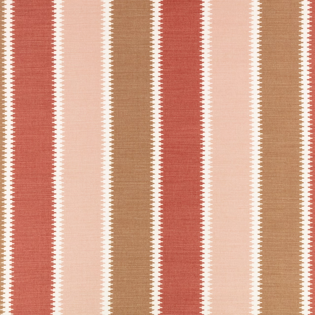 Warm russet, blush and tan vertical stripes with fine cream zigzag edges