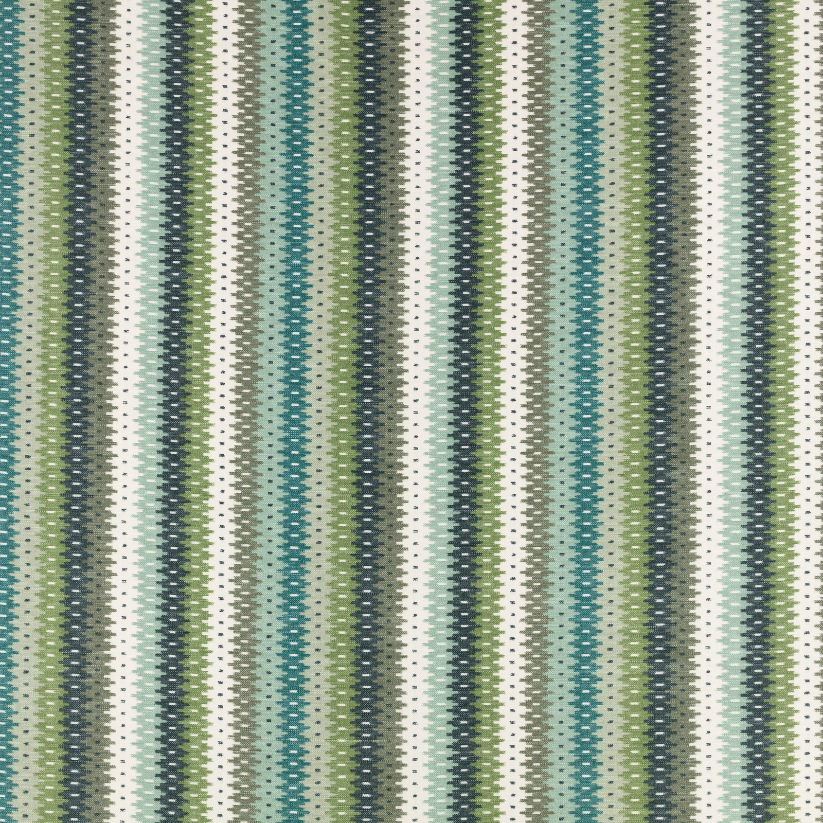Muted spinach green woven fabric with vertical teal, cream and charcoal broken stripes