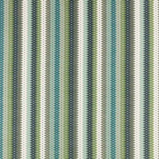 Muted spinach green woven fabric with vertical teal, cream and charcoal broken stripes