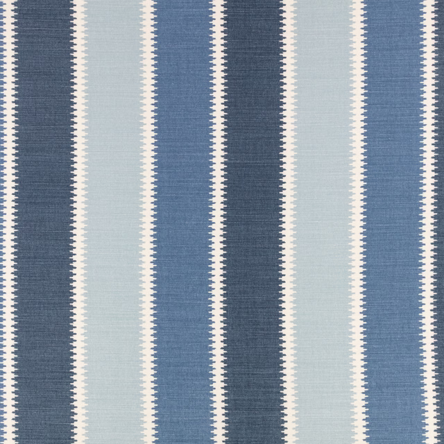 Slate and pale blue vertical stripes with cream zigzag woven borders