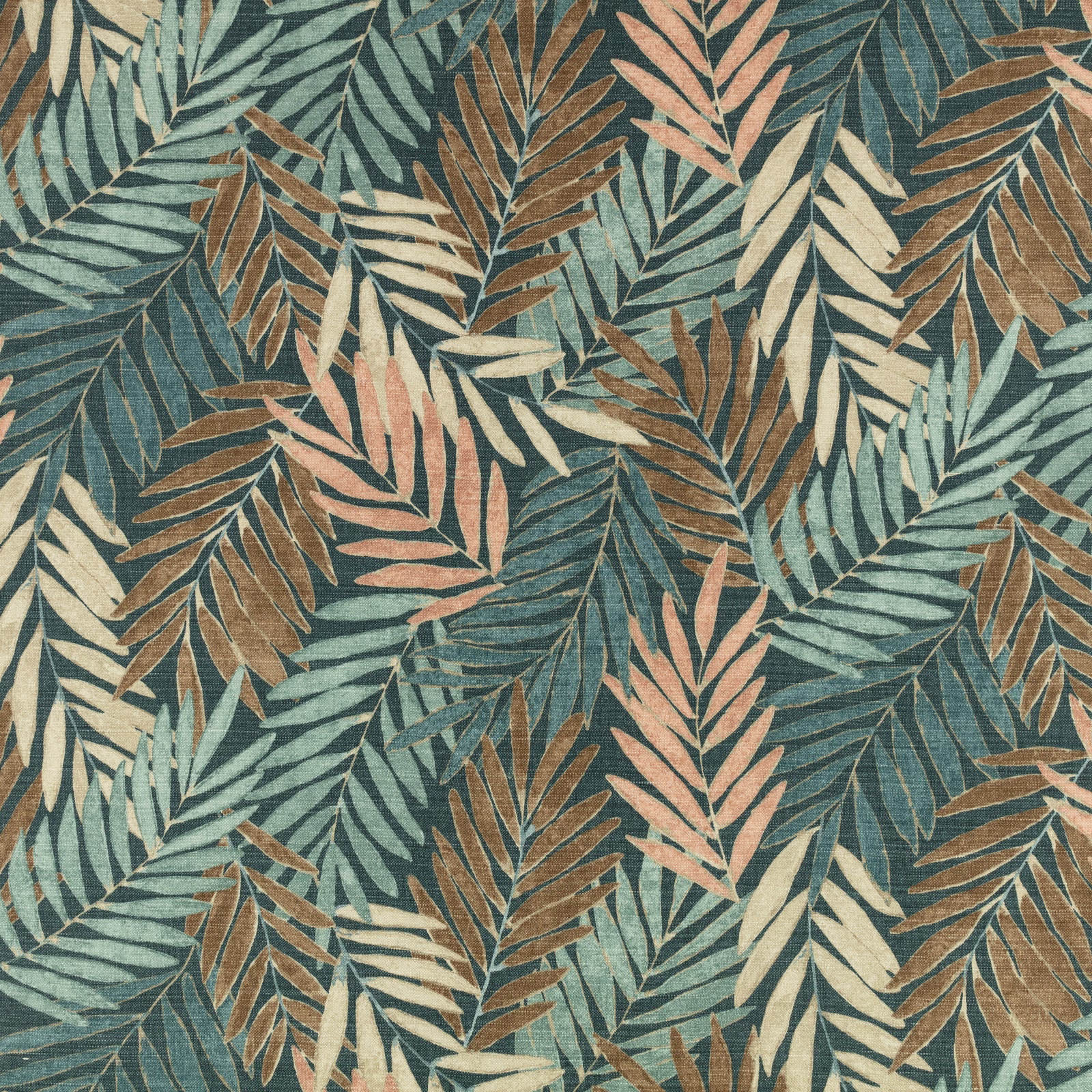 Dense teal leaf pattern with sage, ochre, cream and blush fronds