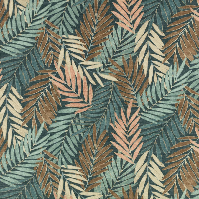 Dense teal leaf pattern with sage, ochre, cream and blush fronds