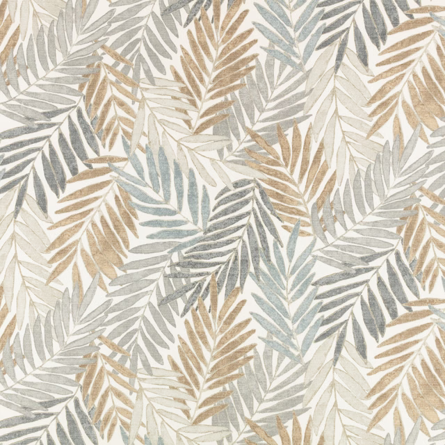 Cream fabric with overlapping sage, grey-blue and taupe fern-like leaf motifs