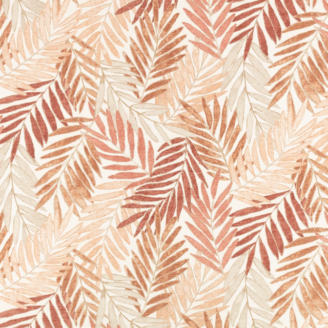 Dense fern fronds in dusty pink, terracotta and ivory across a warm cream ground