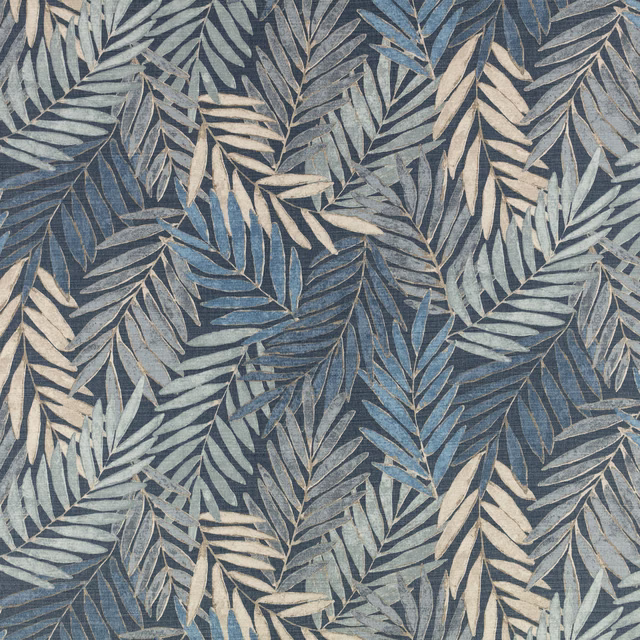 Blue-grey woven fabric with cream and pale blue layered leafy fronds