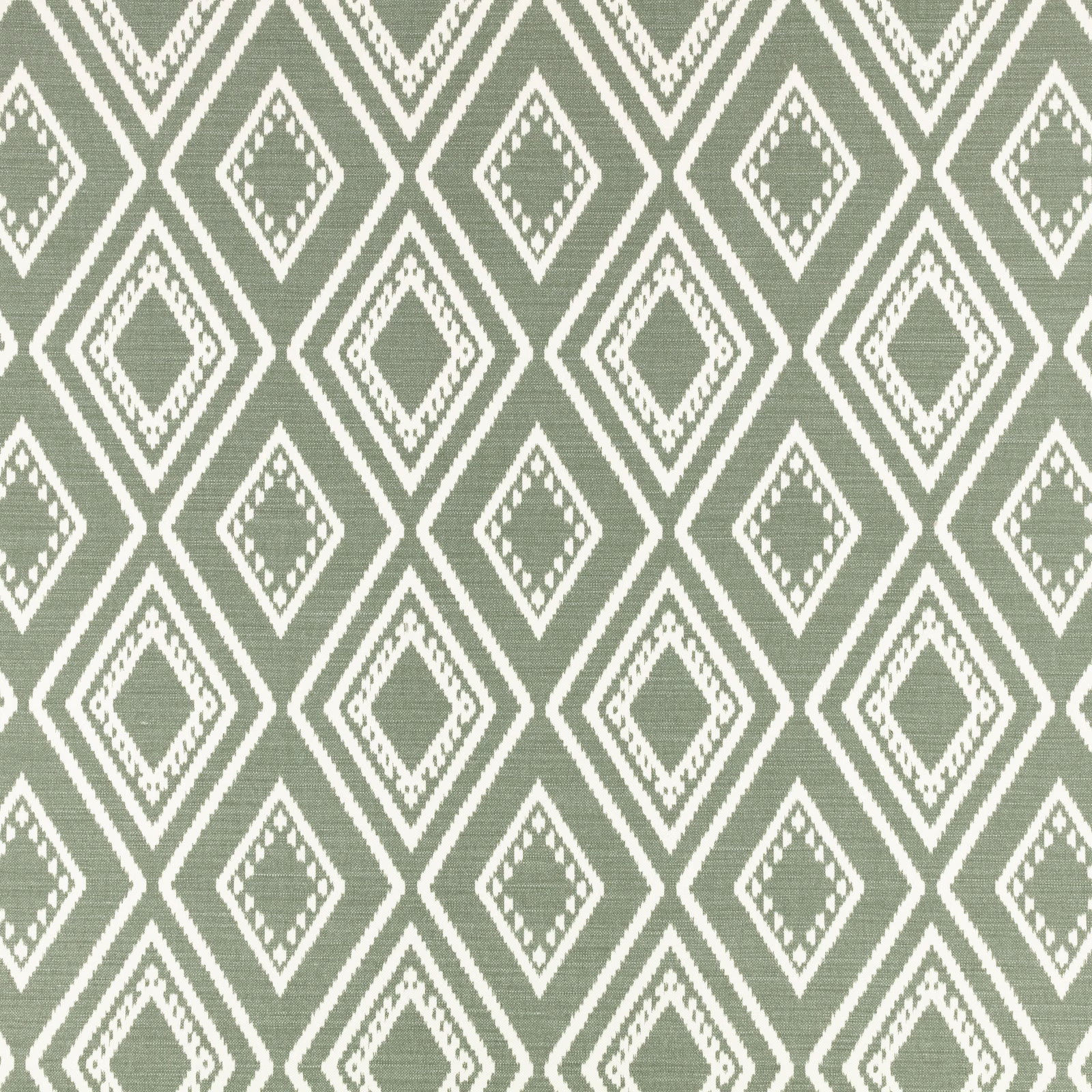 Muted spinach-green woven fabric with repeating cream diamond motifs and fine texture