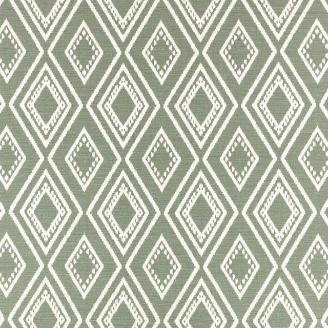 Muted spinach-green woven fabric with repeating cream diamond motifs and fine texture