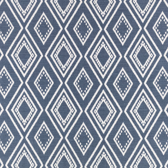 Blue-grey woven fabric with repeating ivory diamond motifs and textured lines