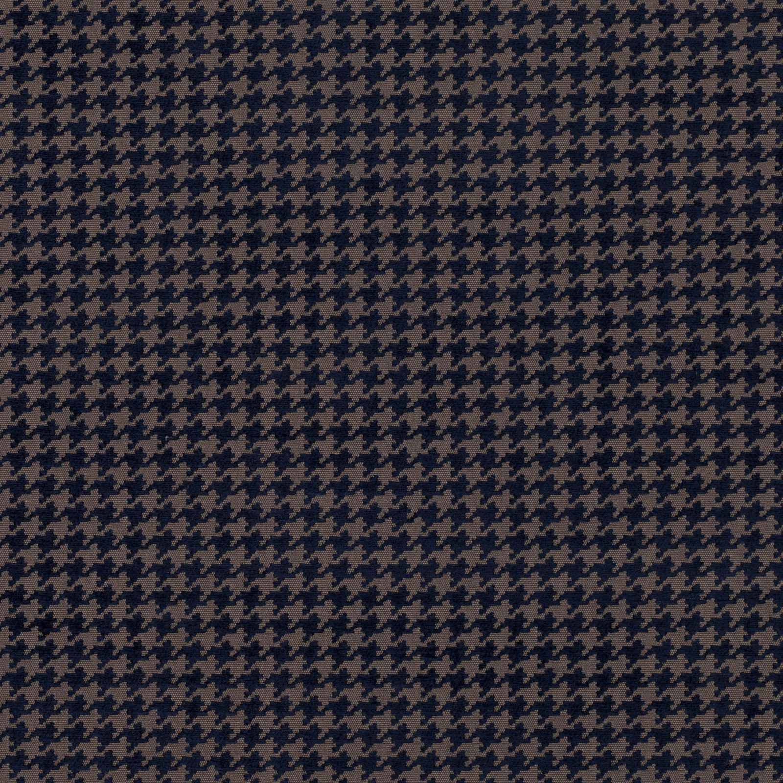 Close-up of deep navy and taupe woven houndstooth fabric with a tight repeat