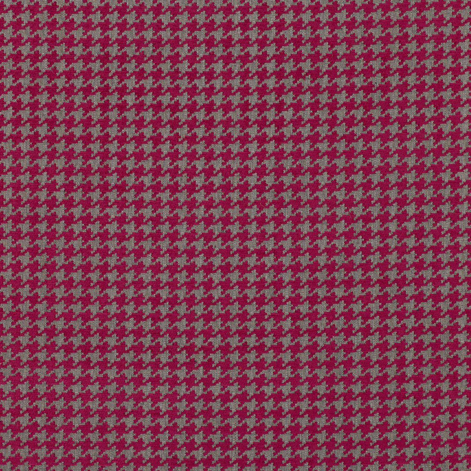 Peony-pink and grey small houndstooth woven fabric with a dense textured repeat