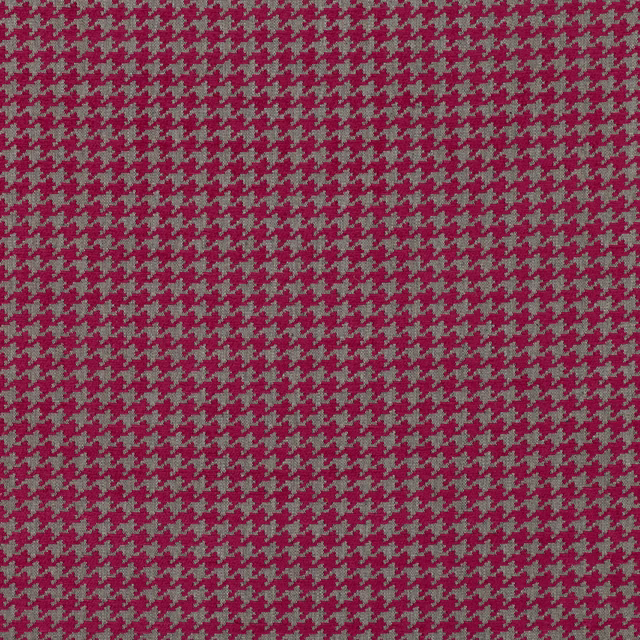 Peony-pink and grey small houndstooth woven fabric with a dense textured repeat