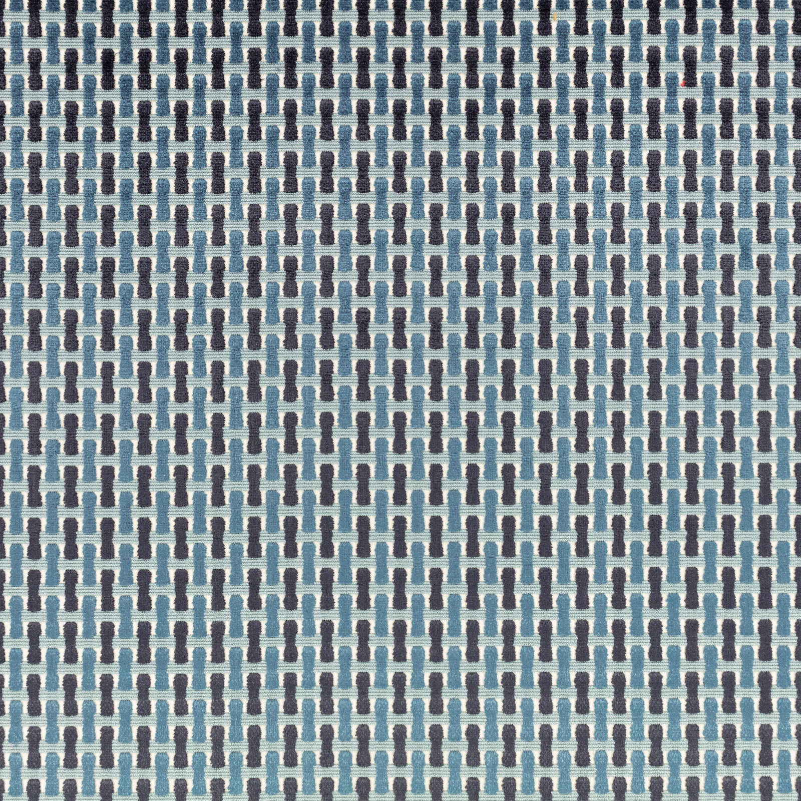 Cool teal and charcoal vertical motifs woven across a pale blue-grey ground