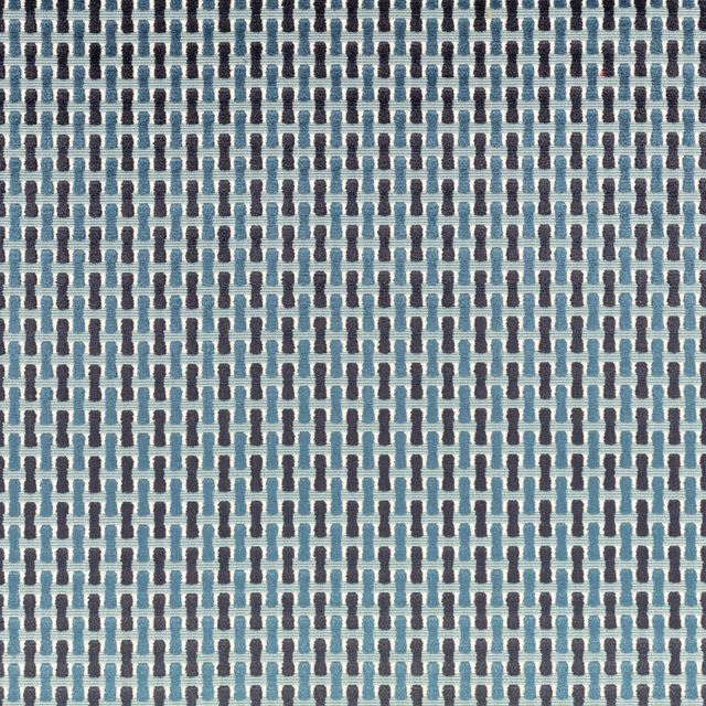 Cool teal and charcoal vertical motifs woven across a pale blue-grey ground