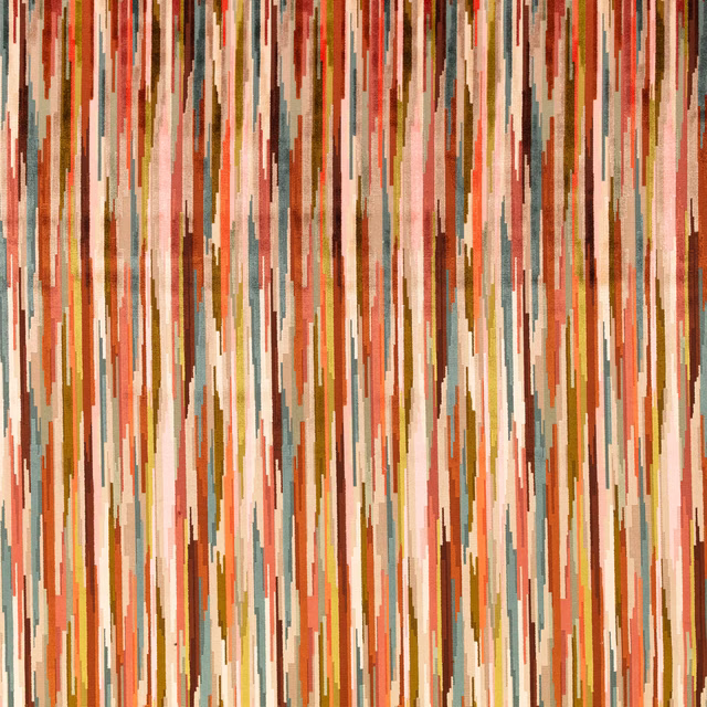 Mandarin, coral and teal broken vertical stripes on a softly textured woven ground