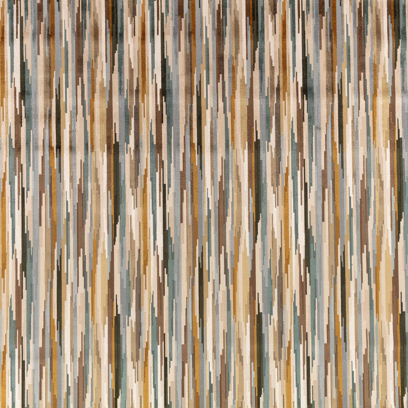 Taupe woven fabric with broken vertical stripes in teal, cream, brown and ochre
