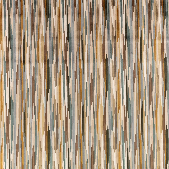 Taupe woven fabric with broken vertical stripes in teal, cream, brown and ochre