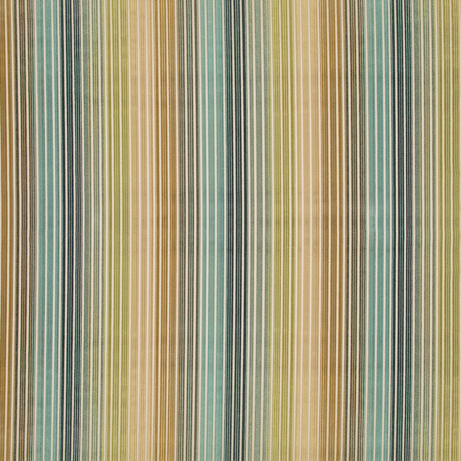 Fine vertical stripes in verdigris teal, olive, ochre, camel and ivory