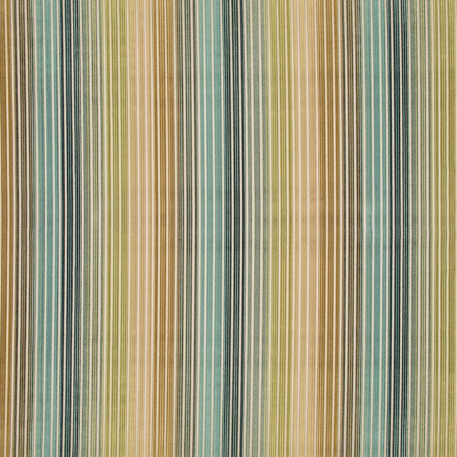 Fine vertical stripes in verdigris teal, olive, ochre, camel and ivory