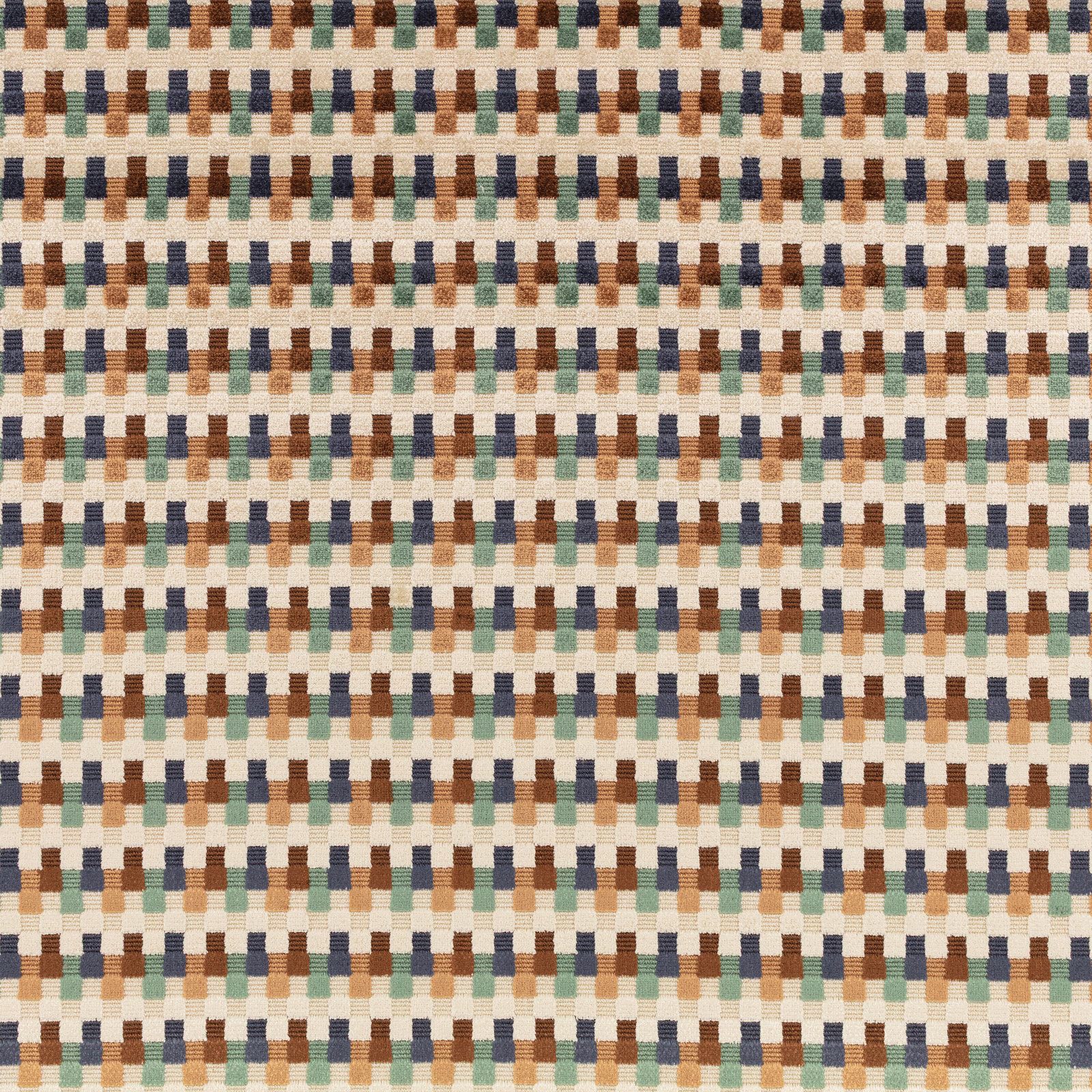Cacao brown, cream, blue and green small geometric woven textile close-up