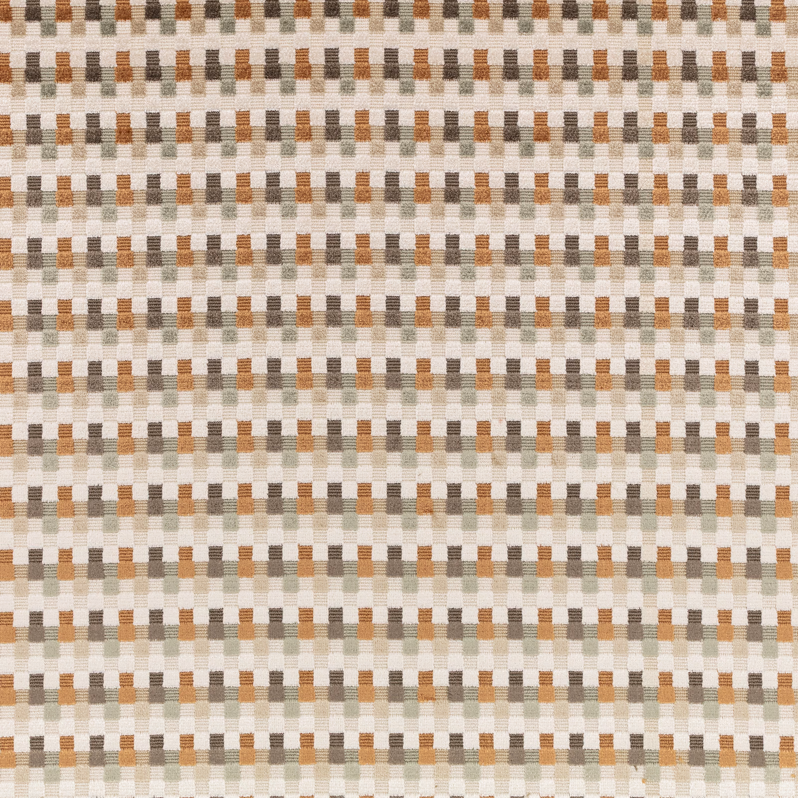Close-up of a small copper, cream, sage, taupe and charcoal woven check