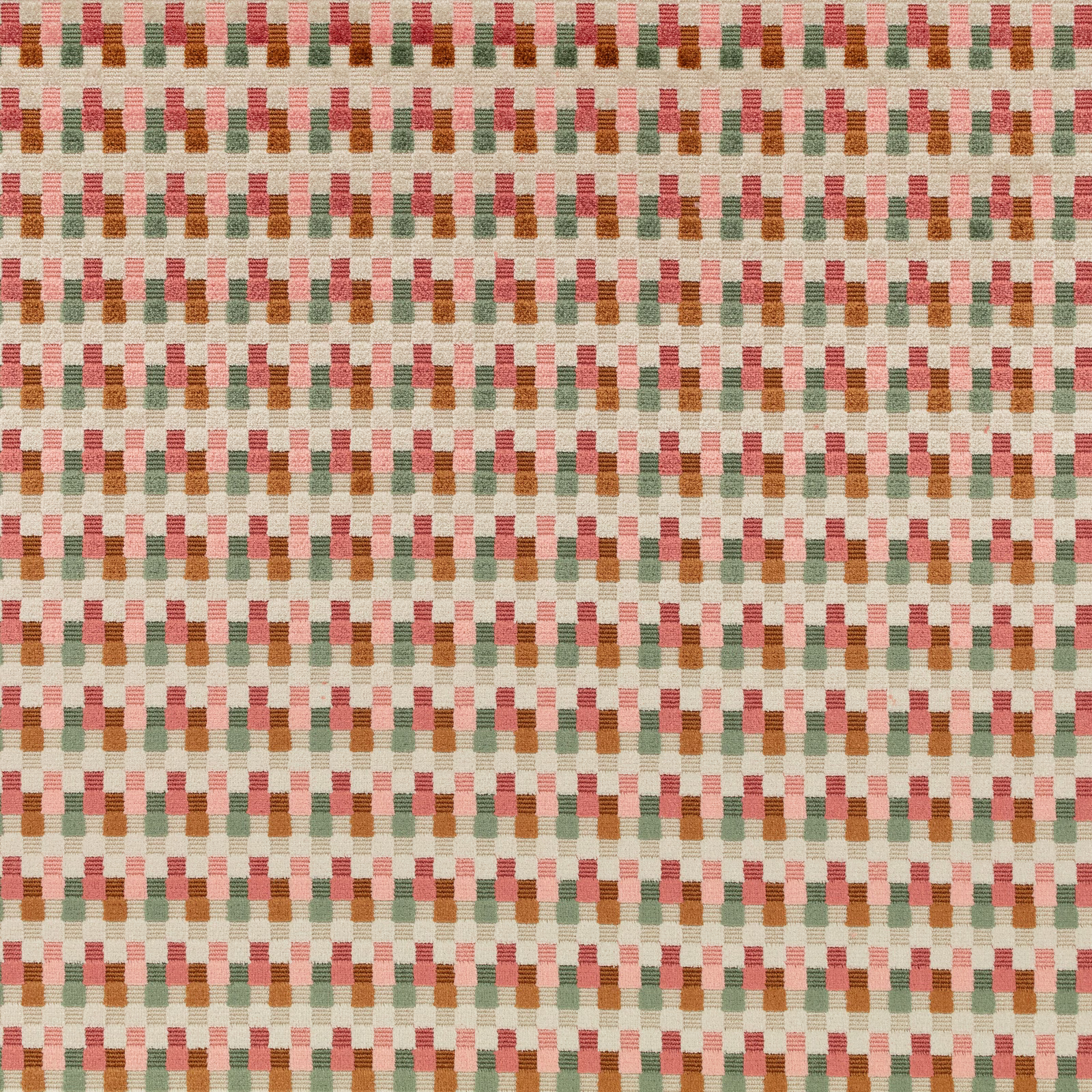 Cream woven fabric with small coral, sage and ochre stepped checks