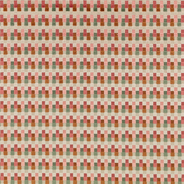 Cream woven fabric with small coral, sage and ochre stepped checks