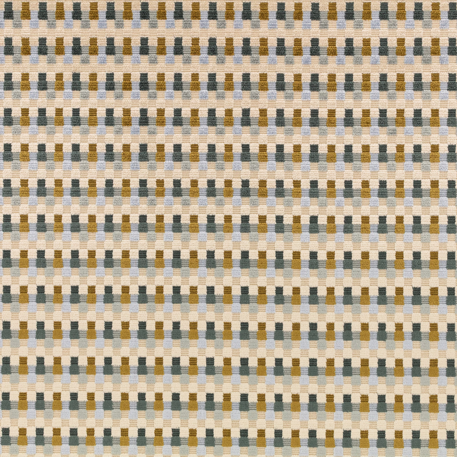 Javi Verde woven textile with cream ground, olive-green, grey and mustard checks