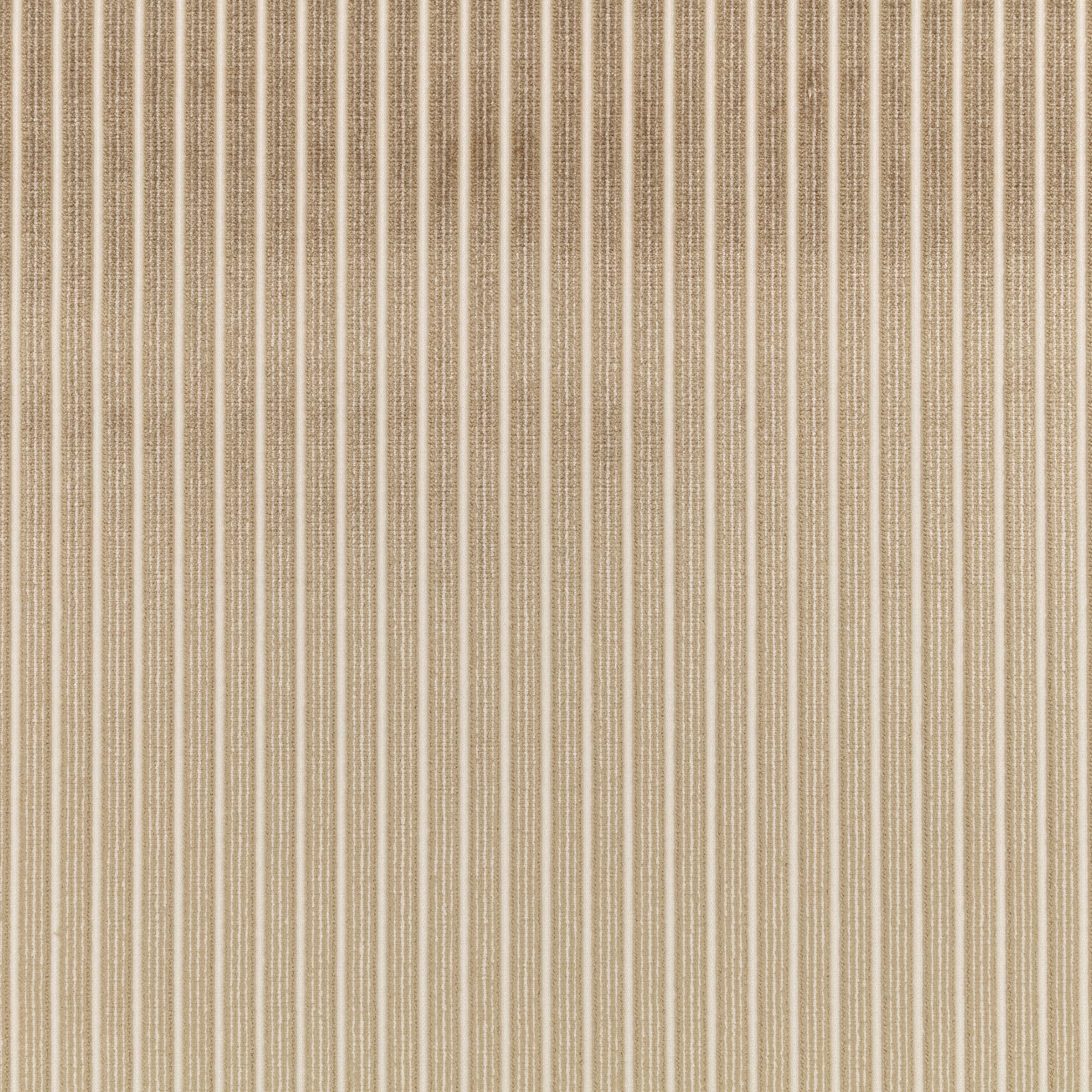 Warm clay-taupe woven fabric with fine irregular cream vertical stripes