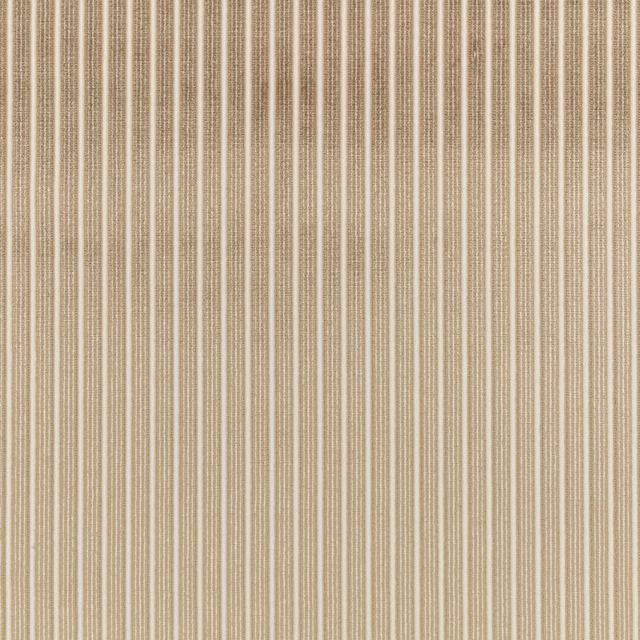 Warm clay-taupe woven fabric with fine irregular cream vertical stripes
