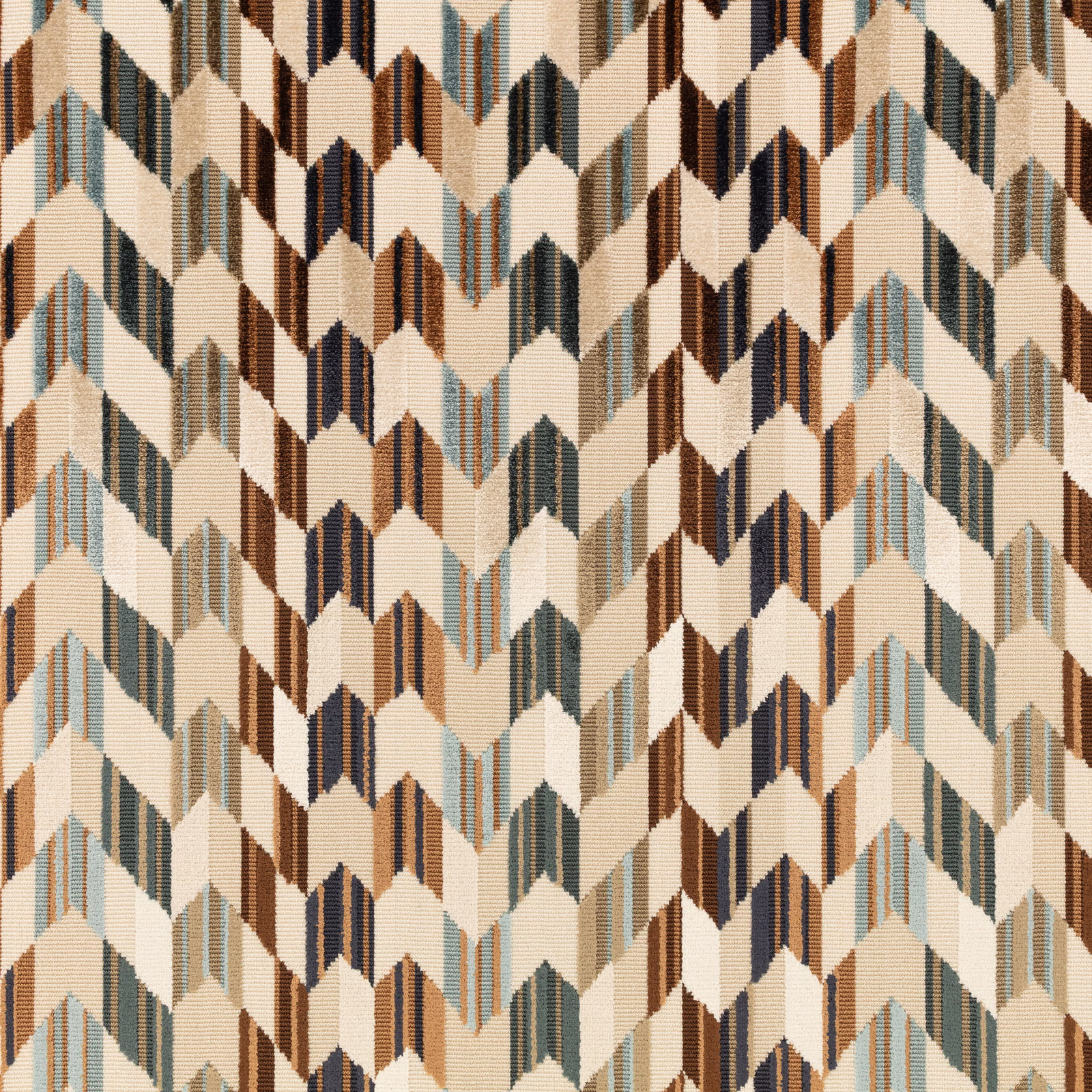 Cacao brown and cream chevron weave with charcoal and muted blue accents