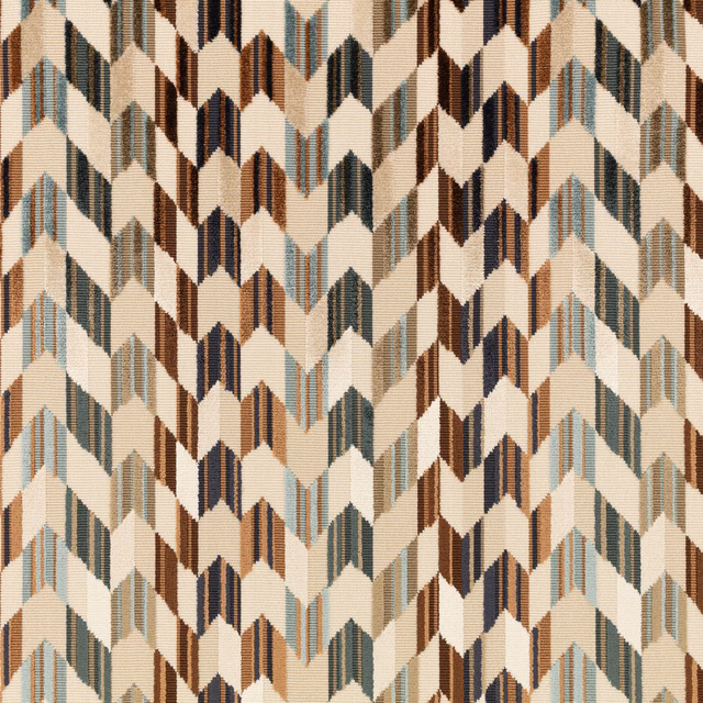 Cacao brown and cream chevron weave with charcoal and muted blue accents