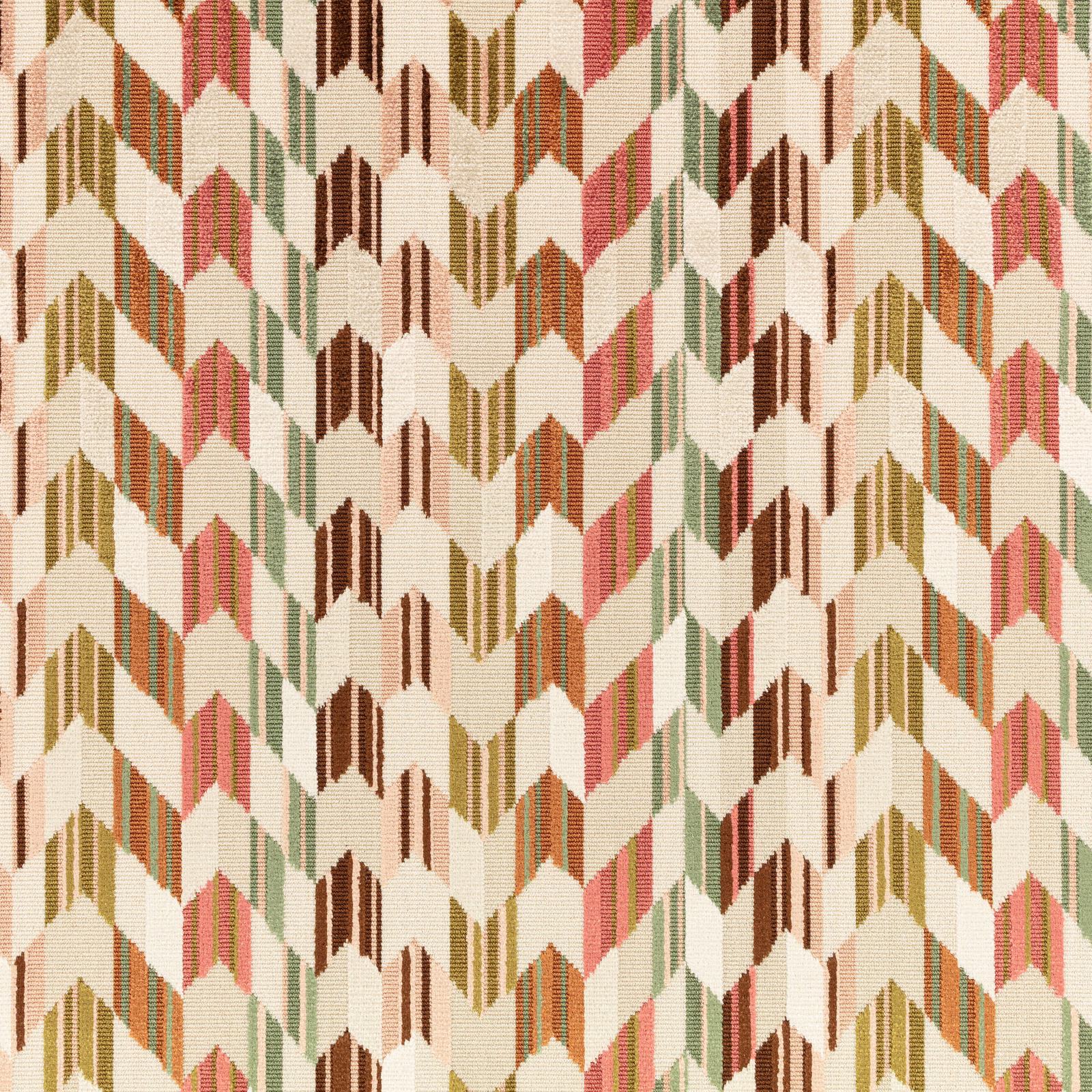 Cream geometric woven fabric with coral, olive, brown and sage chevron motifs