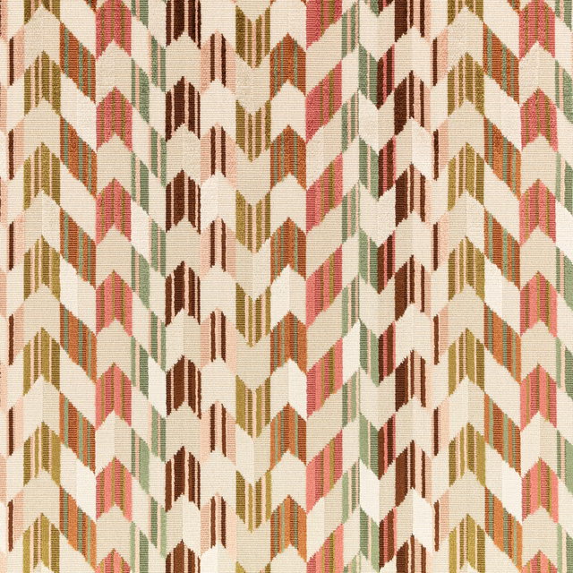 Cream geometric woven fabric with coral, olive, brown and sage chevron motifs