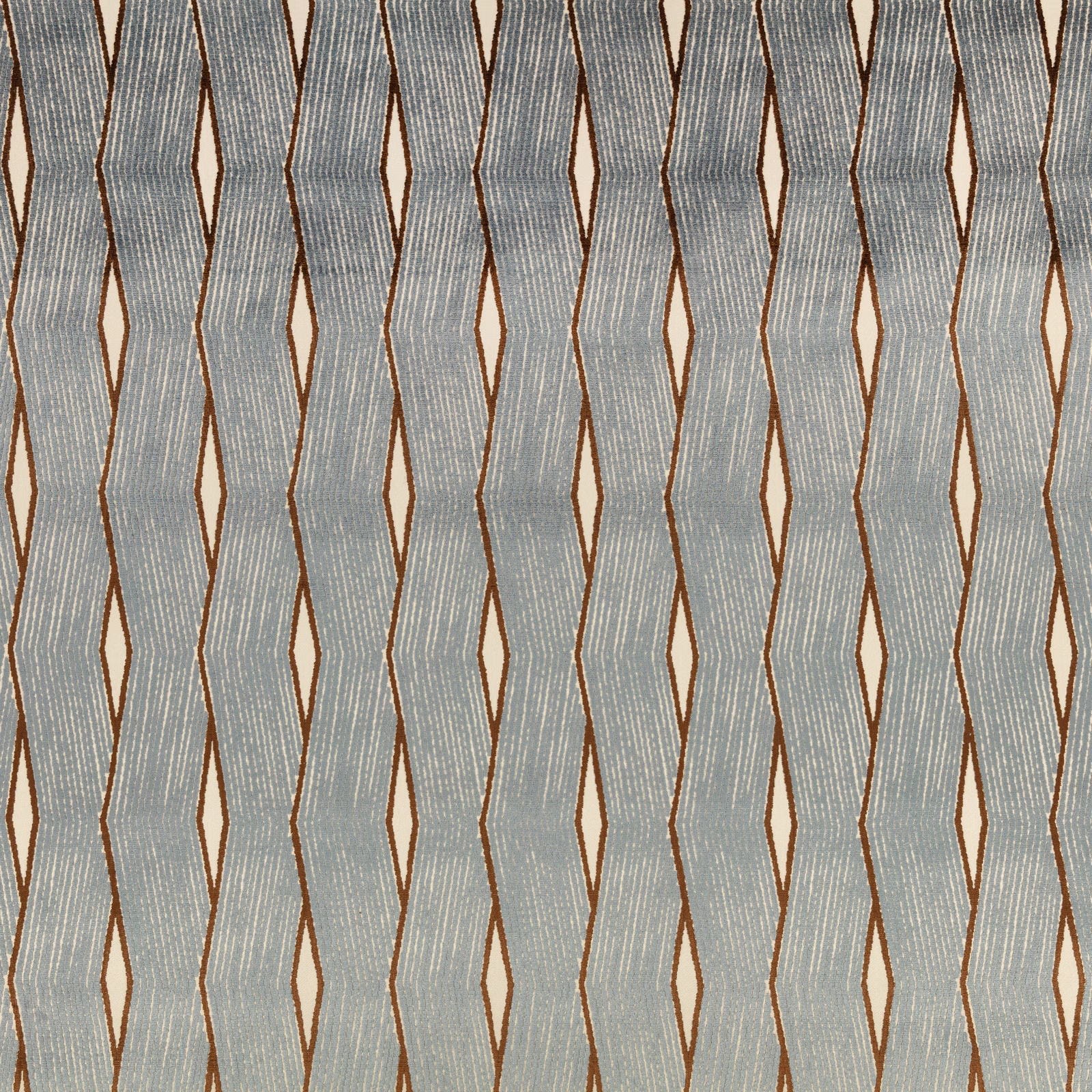 Dusty blue-grey fabric with wavy vertical bands, cream diamonds and brown outlines