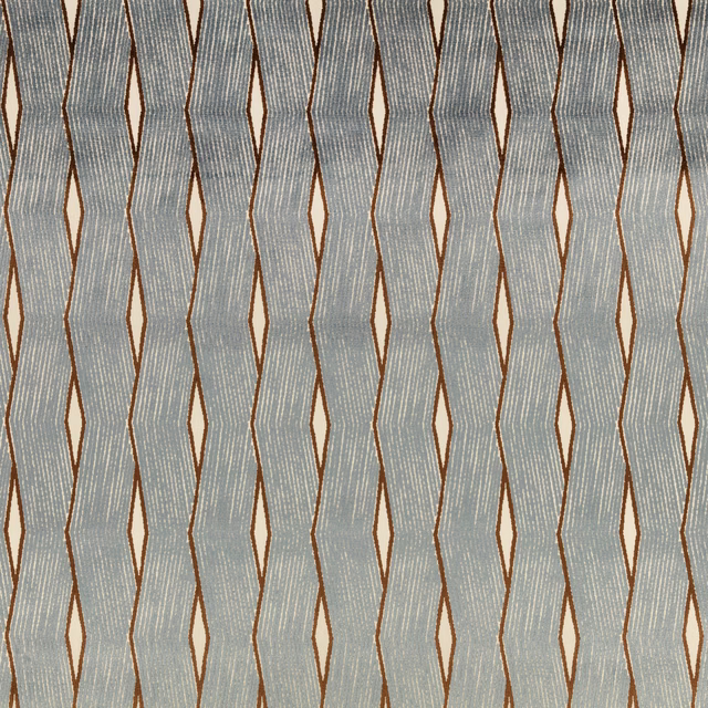 Dusty blue-grey fabric with wavy vertical bands, cream diamonds and brown outlines