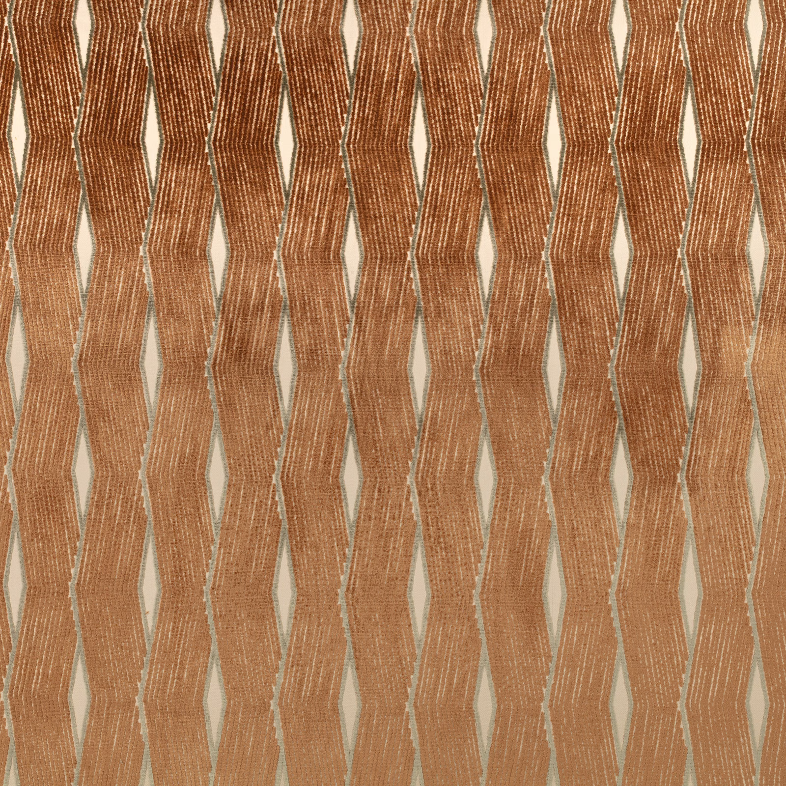 Copper terracotta woven fabric with undulating vertical bands on a pale neutral ground