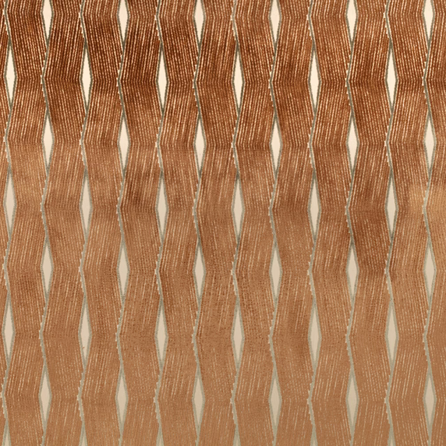 Copper terracotta woven fabric with undulating vertical bands on a pale neutral ground