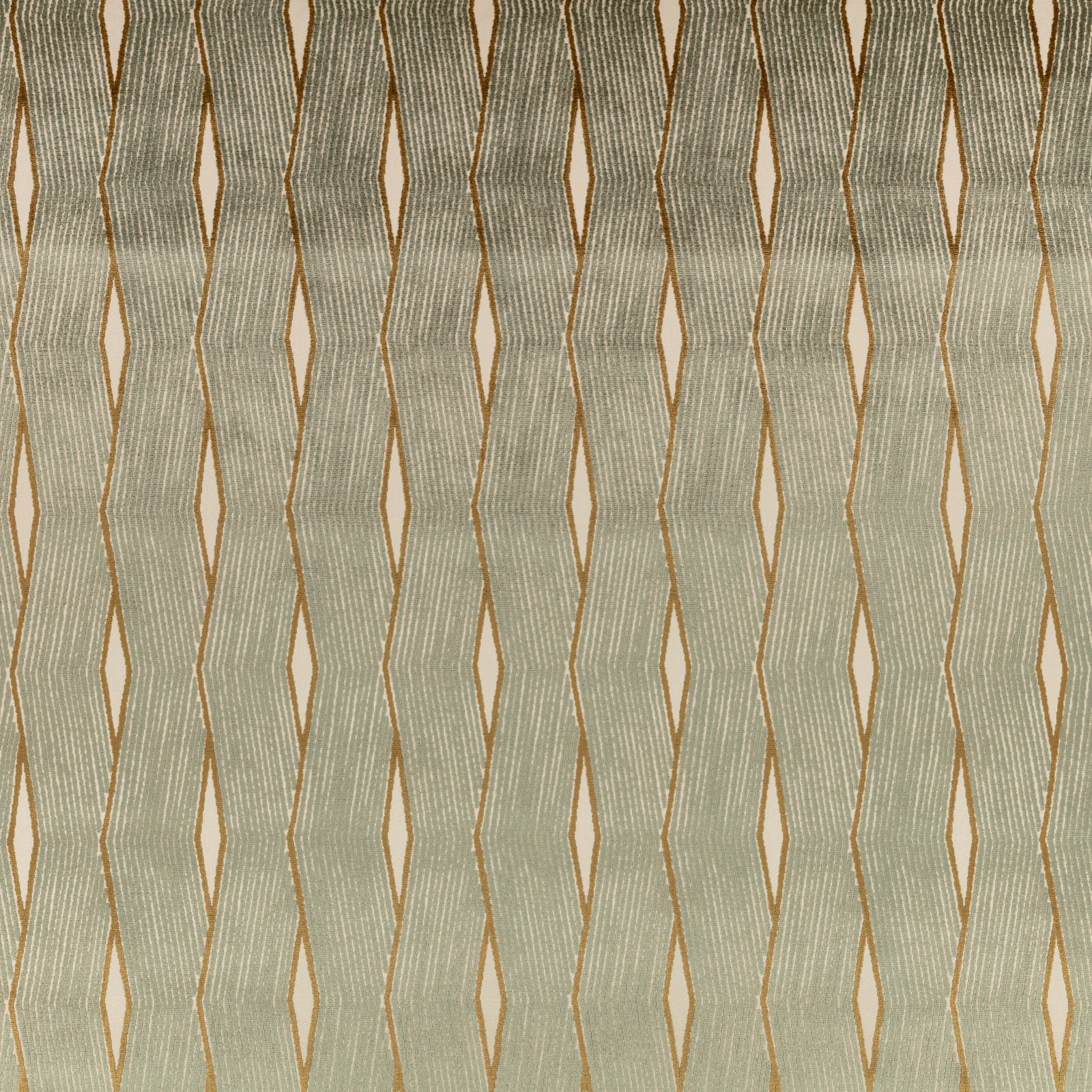 Pale seaglass woven fabric with ochre-edged vertical diamond columns and fine texture