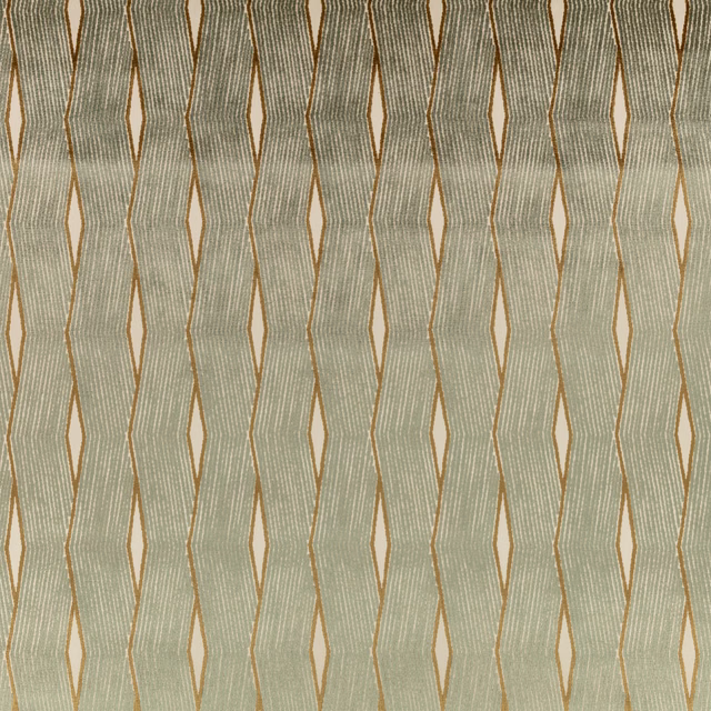 Pale seaglass woven fabric with ochre-edged vertical diamond columns and fine texture