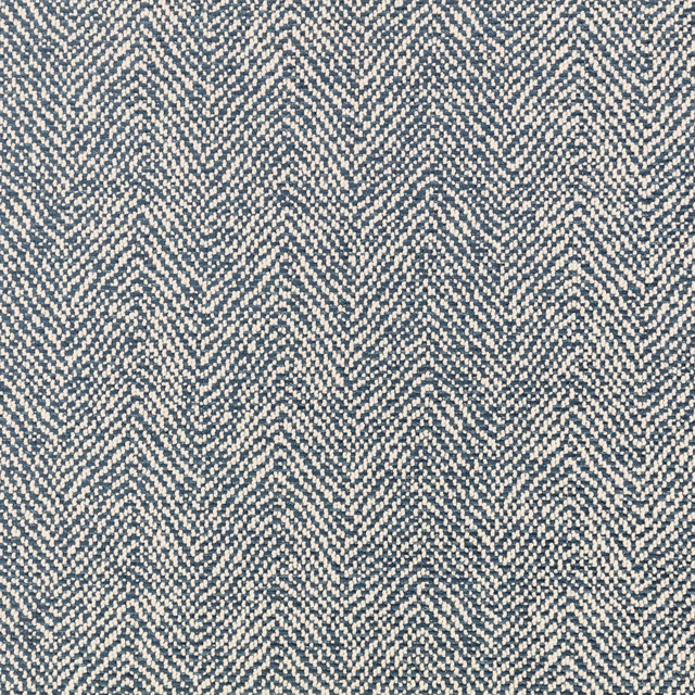 Close-up of Okeyo Bilberry showing a blue-grey and cream broken herringbone weave