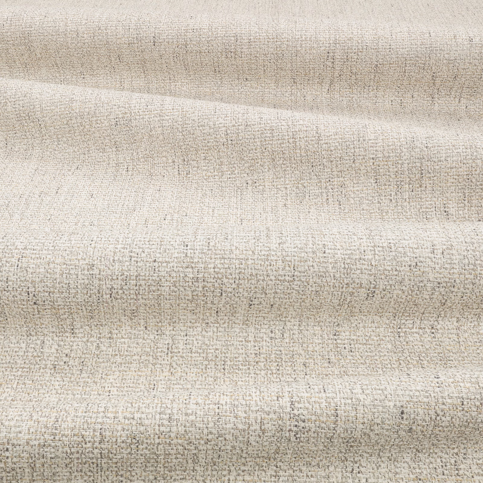 Pale beige woven textile with fine taupe flecks and softly ridged folds