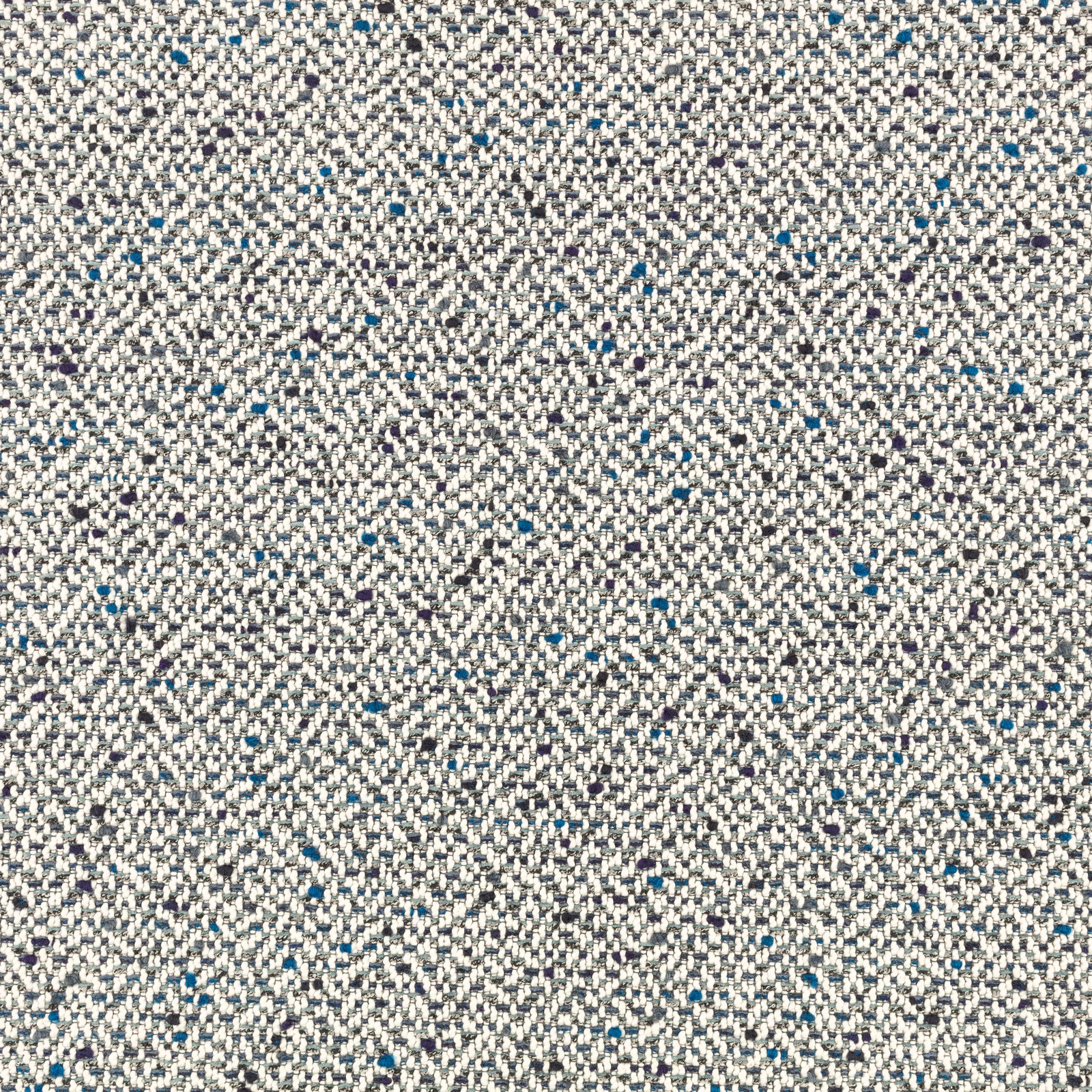 Close-up of grey and cream woven fabric with scattered teal-blue flecks