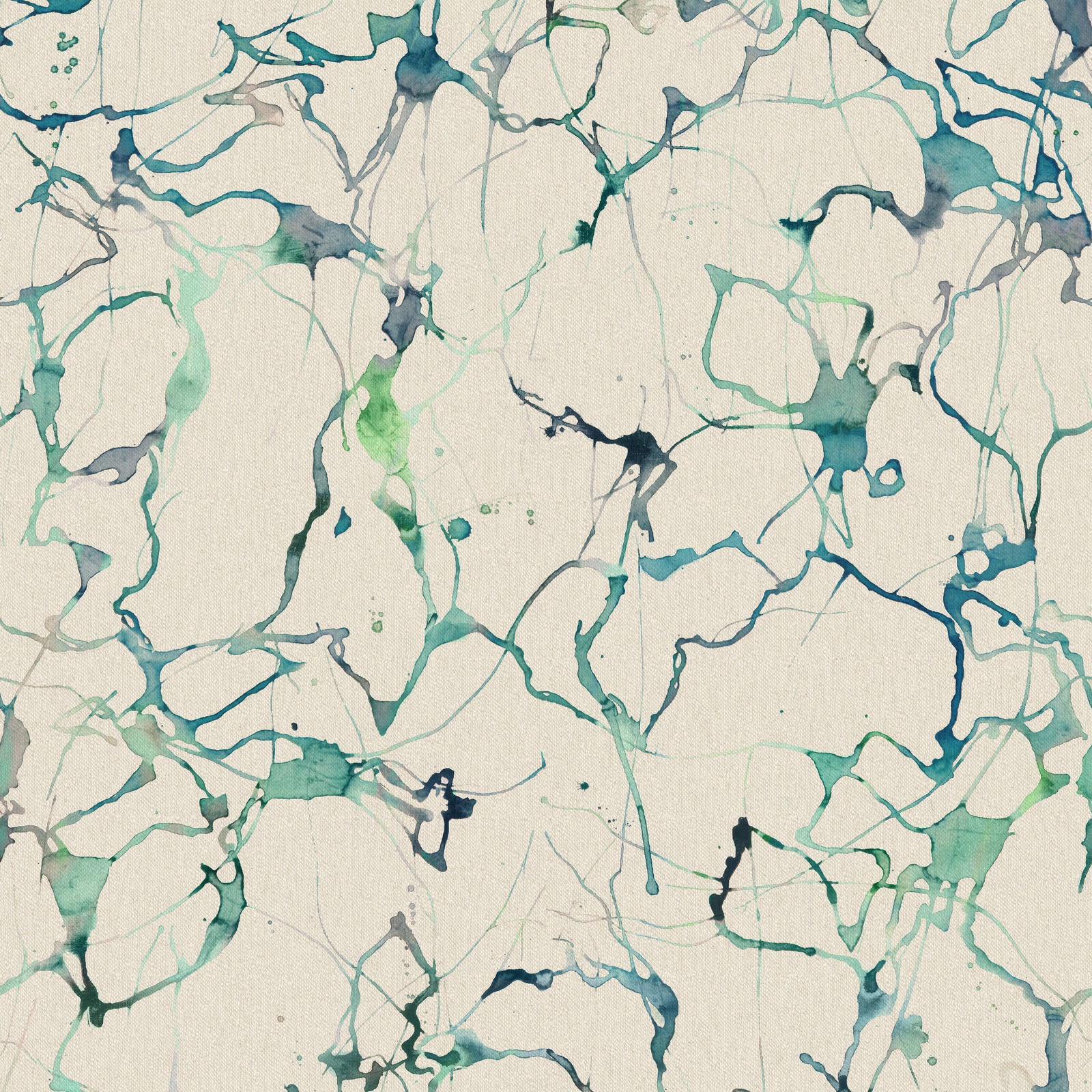 Abstract aqua and teal marbled lines on an ivory woven fabric