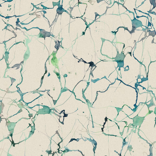 Abstract aqua and teal marbled lines on an ivory woven fabric