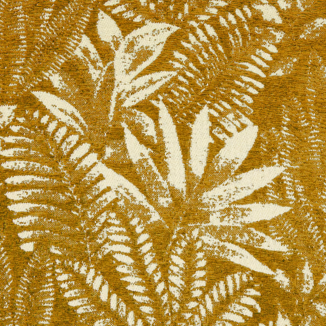 Gold woven botanical fabric with large cream leaf motifs and textured ground