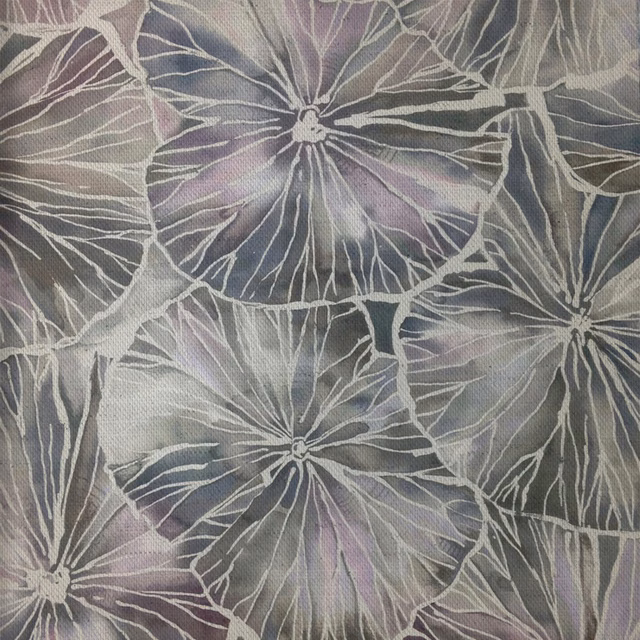Grey lotus-style floral fabric with lilac shading and pale outlined petals
